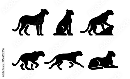 Cheetah silhouette collection: standing, sitting, and walking positions in black on white background