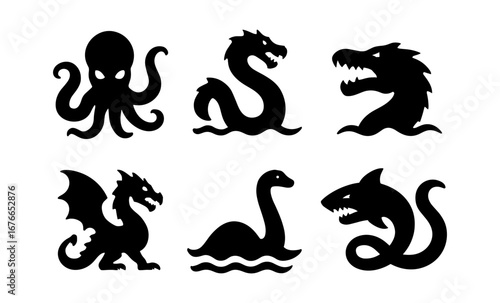 Set of silhouette sea monsters and mythical creatures