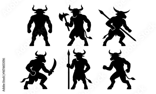 Minotaur silhouettes: mythical warriors with weapons