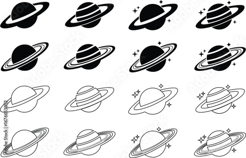 Saturn planet icons set in black flat and line styles. Astronomy orbit cosmic galaxy space celestial body solar system ringed planet silhouette illustration designs isolated on transparent background.