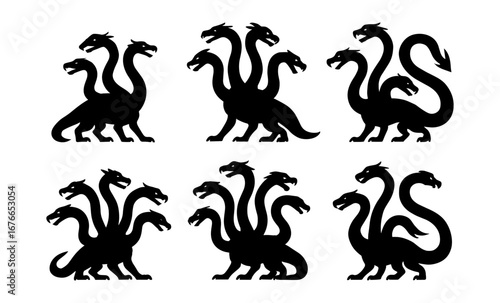 Mythical hydra silhouettes set with multiple heads