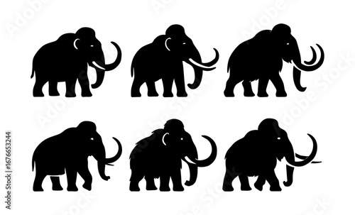 Silhouette collection of woolly mammoths in various poses on white background
