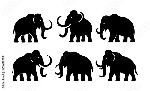 Mammoth silhouettes: collection of prehistoric elephant designs in black and white