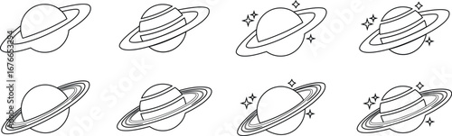 Saturn planet icons set in trendy black line styles. Astronomy orbit cosmic galaxy space celestial body solar system ringed planet silhouette illustration designs isolated on transparent background.