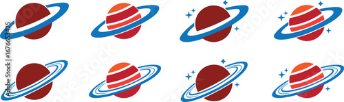 Saturn planet icon set in trendy colorful flat styles. Astronomy orbit cosmic galaxy space celestial body solar system ringed planet silhouette illustration designs isolated on transparent background.