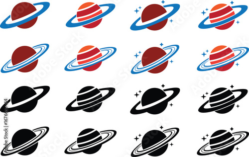 Saturn planet icon set in colorful, black flat styles. Astronomy orbit cosmic galaxy space celestial body solar system ringed planet silhouette illustration designs isolated on transparent background.