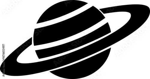 Saturn planet icon in trendy black flat style. Astronomy orbit cosmic galaxy space celestial body solar system ringed planet silhouette illustration design isolated on transparent background.