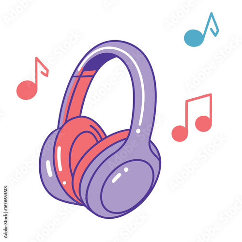 Purple headphones with coral accents and musical notes audio sound