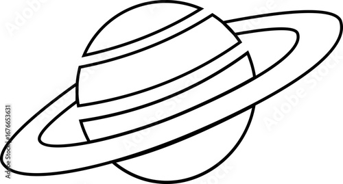 Saturn planet icon in trendy black line style. Astronomy orbit cosmic galaxy space celestial body solar system ringed planet silhouette illustration design isolated on transparent background.