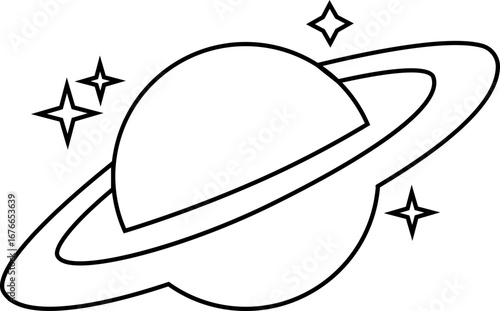 Saturn planet icon in trendy black line style. Astronomy orbit cosmic galaxy space celestial body solar system ringed planet silhouette illustration design isolated on transparent background.