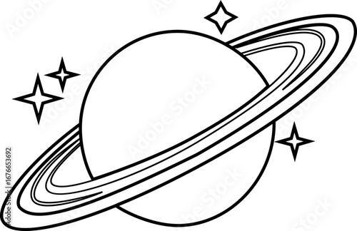 Saturn planet icon in trendy black line style. Astronomy orbit cosmic galaxy space celestial body solar system ringed planet silhouette illustration design isolated on transparent background.