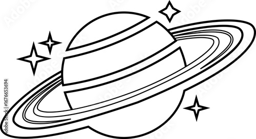Saturn planet icon in trendy black line style. Astronomy orbit cosmic galaxy space celestial body solar system ringed planet silhouette illustration design isolated on transparent background.