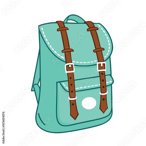 Teal backpack with brown straps and white stitching buckles