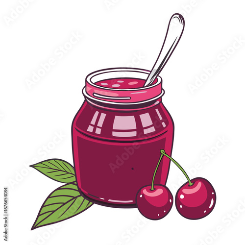 Jar of cherry jam with spoon and fresh cherries fruit