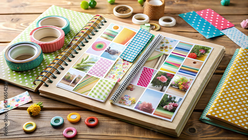 scrapbook open with photos stickers and colors