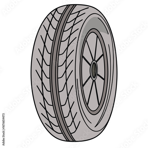 Grey tire with black tread and spokes wheel vehicle