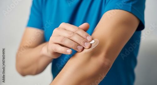 Man applying cream on his elbow for dry skin relief and skincare treatment against eczema or dermatitis focusing on skin hydration and protection with moisturizer