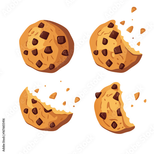 Chocolate chip cookies broken apart with crumbs flying brown