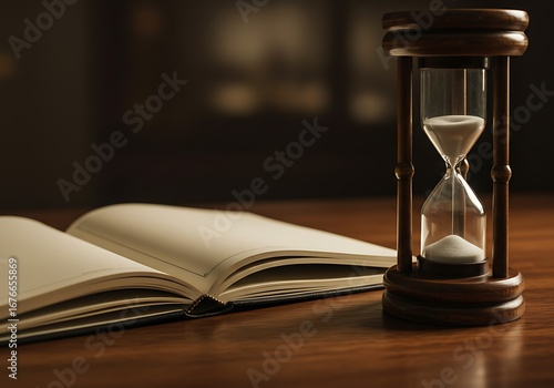 Time Passing with Open Book, Vintage Hourglass Still Life