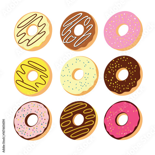 Assorted colorful frosted donuts with sprinkles and drizzles sweet dessert