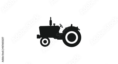 A black silhouette of a classic tractor with large wheels and simple design