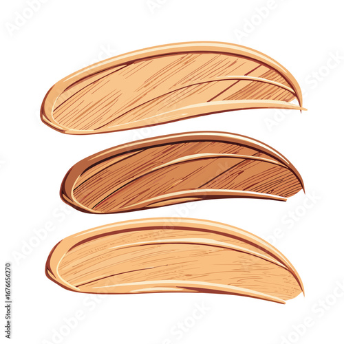 Three creamy beige cosmetic swatches with textured strokes makeup