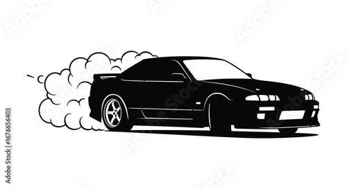 Black silhouette of a sports car with smoke from the tires on a white background