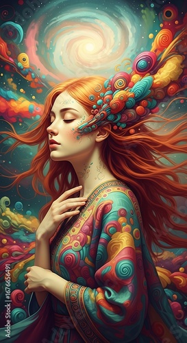 A serene woman with vibrant hair and swirling patterns