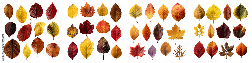 Fototapeta premium Large Set of Various Autumn Leaves on a Transparent Background.