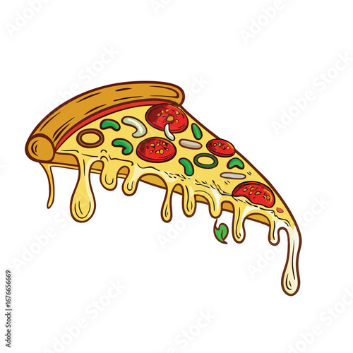 Dripping cheesy pizza slice with pepperoni and green peppers cheese