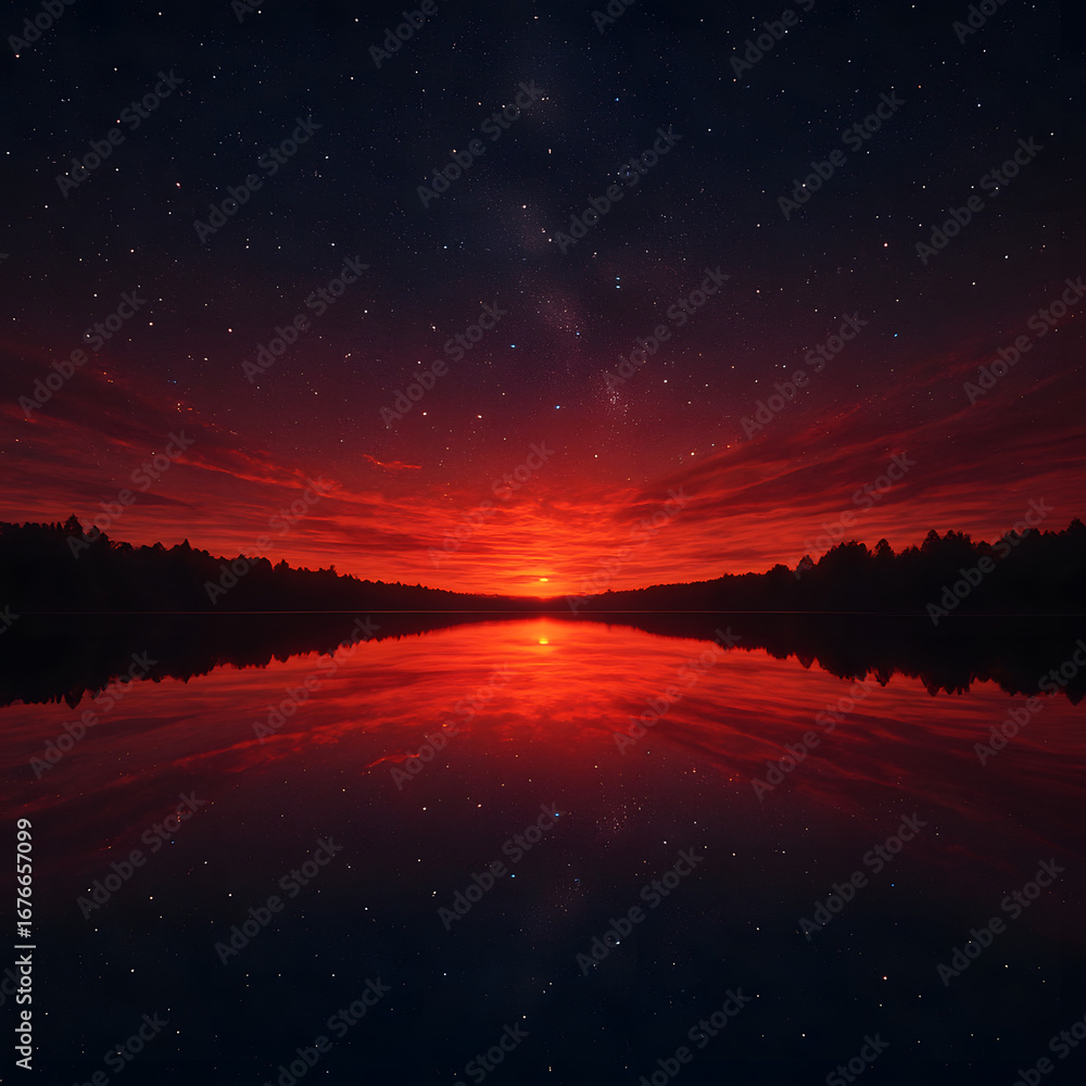 Fototapeta premium Symmetrical Reflection of Red Sunset and Starry Night on Calm Lake