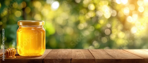A jar of golden honey sits on a wooden table with a honey dipper, set against a sunny, blurred nature background