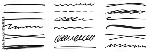 Line pen brush marker stroke underline vector set. Hand drawn doodle sketch pen brush stroke scribble underline. Marker emphasis doodle sketch grunge highlight. Vector illustration


