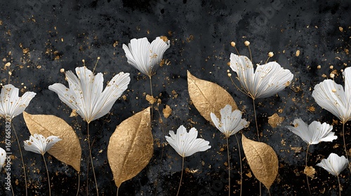 Elegant floral arrangement with white flowers and gold leaves on a dark textured background art piece