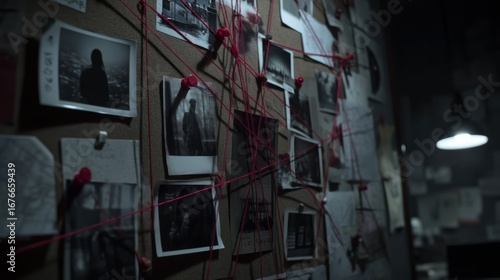 A dark room features a corkboard covered with photos, notes, and red string, suggesting an investigation or conspiracy analysis