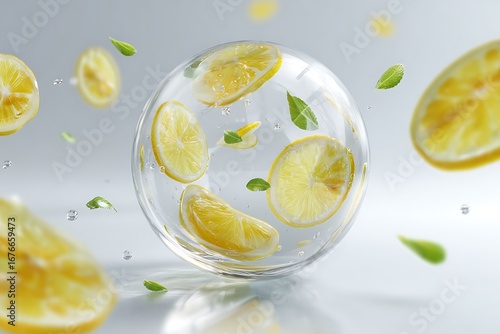 Vibrant lemon slices and fresh mint leaves suspended in a clear sphere with water droplets, evoking a sense of refreshing purity and natural wellness