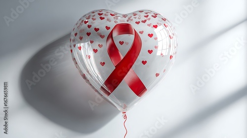 A heart shaped balloon with red hearts and a red ribbon for aids awareness on a white background