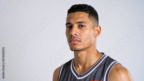 Clean symmetrical headshot of young man in basketball t-shirt with neutral professional expression, pure white background, classic three-point lighting, sharp focus, perfectly composed studio portrait