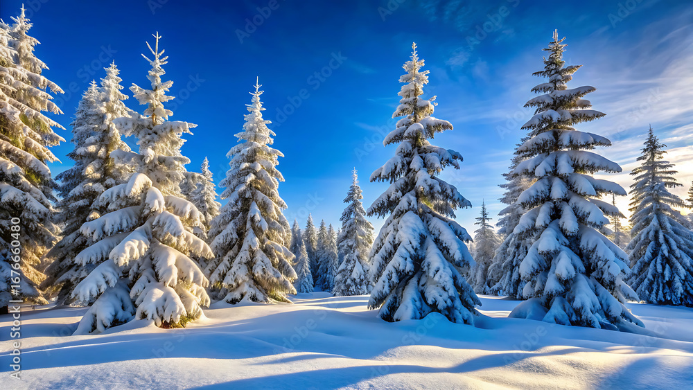 Fototapeta premium snow covered pine trees beneath clear blue sky