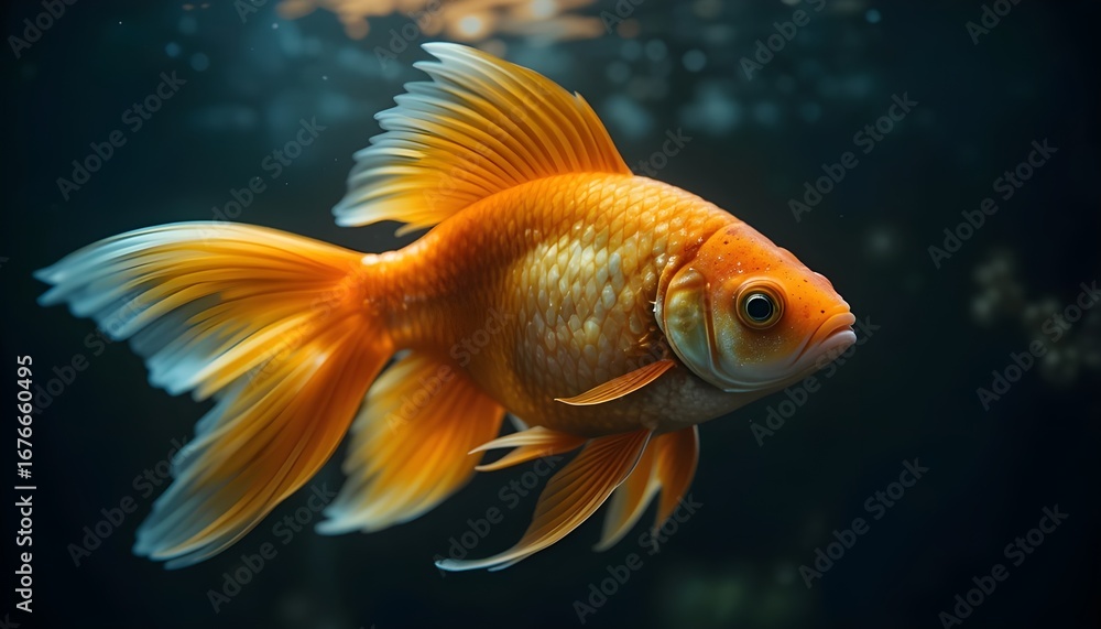 Fototapeta premium Seize the still intensity of a lionhead goldfish hovering in shadow