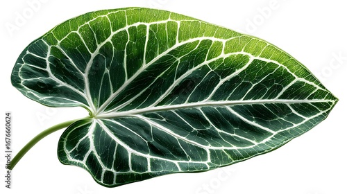 A single anthurium crystallinum leaf showing intricate white vein patterns against a dark green background