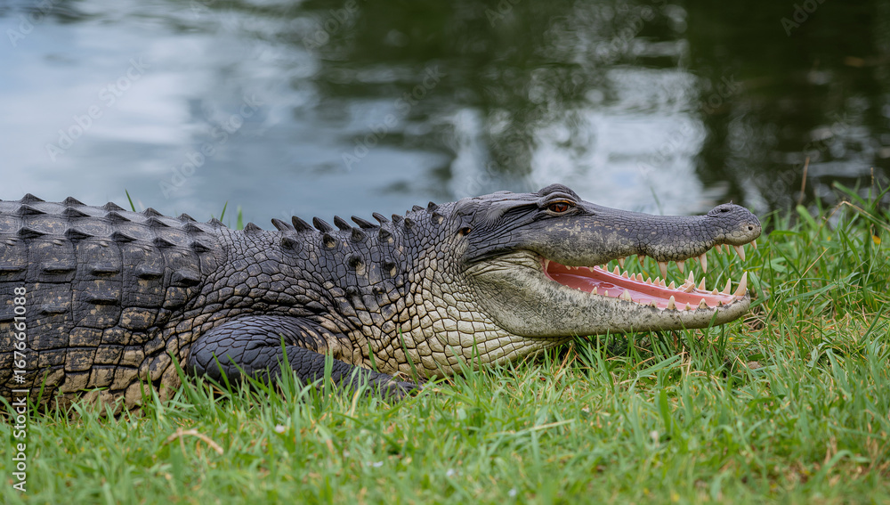 Fototapeta premium Alligator resting on grassy bank near water reptile
