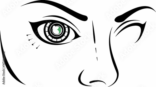 Close up of a stylized face with one eye open and a robotic eye with green iris in black and white silhouette