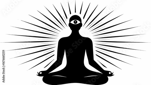 Silhouette of a meditating person with a third eye amidst radiating lines in a black and white drawing