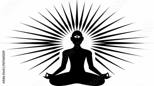 Silhouette of meditating figure with third eye surrounded by radiating lines in black and white style