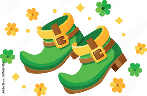 A pair of green leprechaun shoes with gold buckles