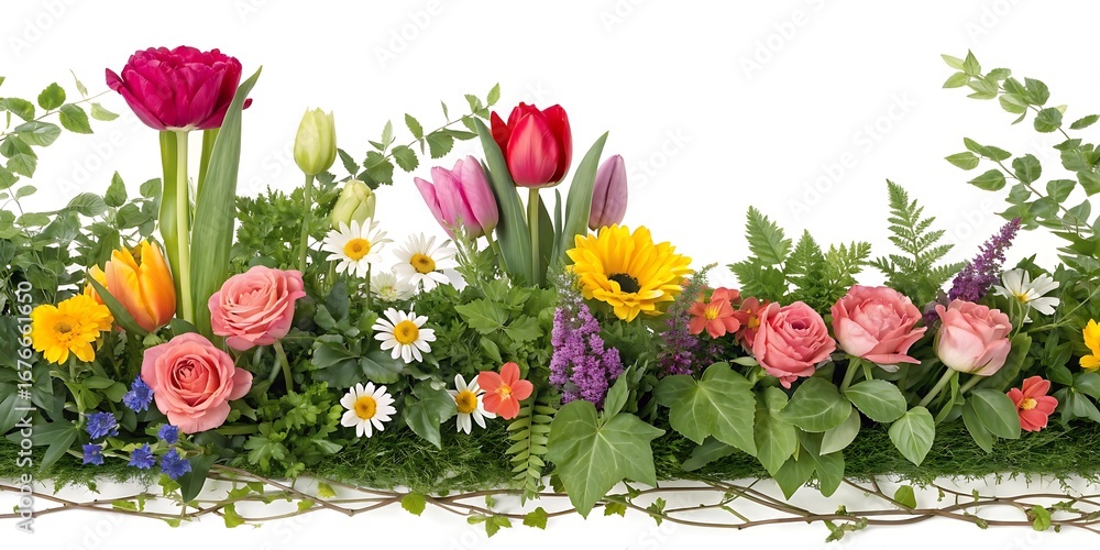 Fototapeta premium A vibrant and abundant floral arrangement showcasing a variety of spring flowers and lush green foliage against a clean white background
