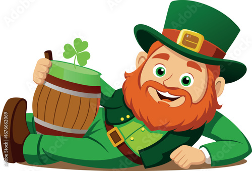 Cartoon leprechaun with green beer, celebrating st patricks day with a smile