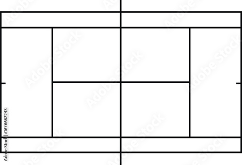 top view Clay tennis court with white boundary lines on orange background, singles and doubles playing areas, singles and doubles playing areas, vector illustration.