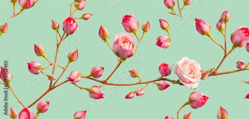 Delicate pink rosebud sprigs in a horizontal vintage seamless pattern, seamless, rose